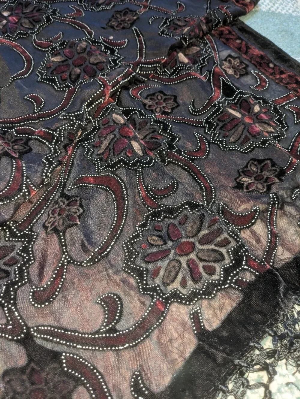 Burnout Velvet Moody Black And Wine Semi Sheet Scarf Shawl